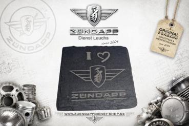 Zündapp Schiefer-Untersetzer 10 × 10 cm – „I ♥ Zündapp“